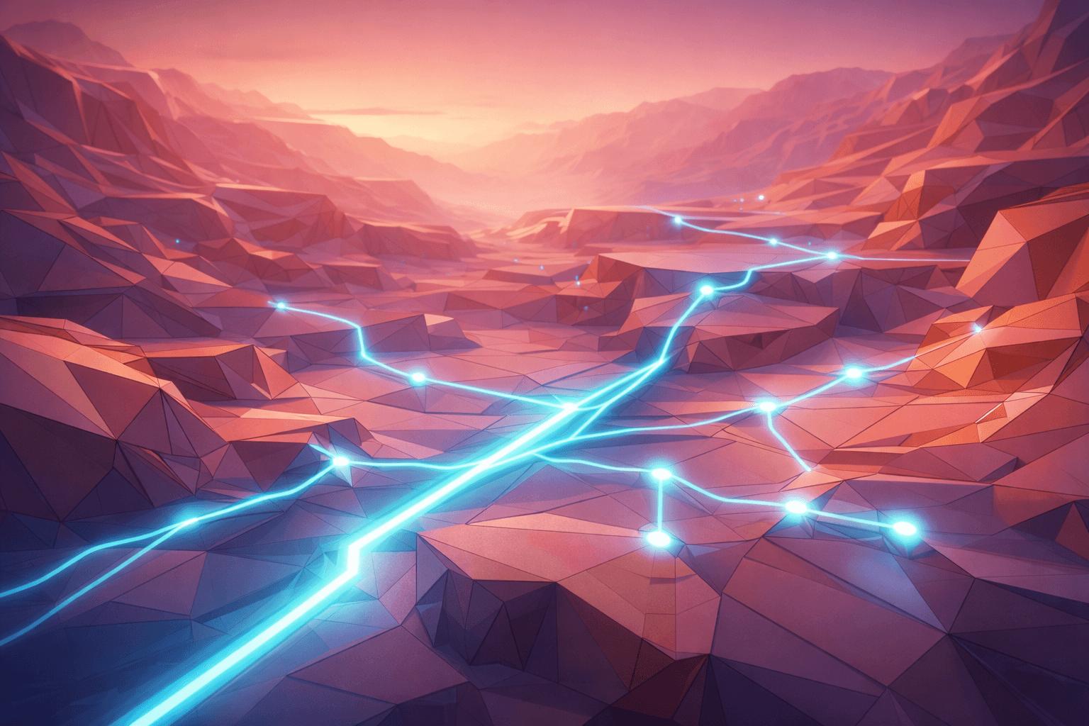 A network of glowing paths across a mountain landscape
